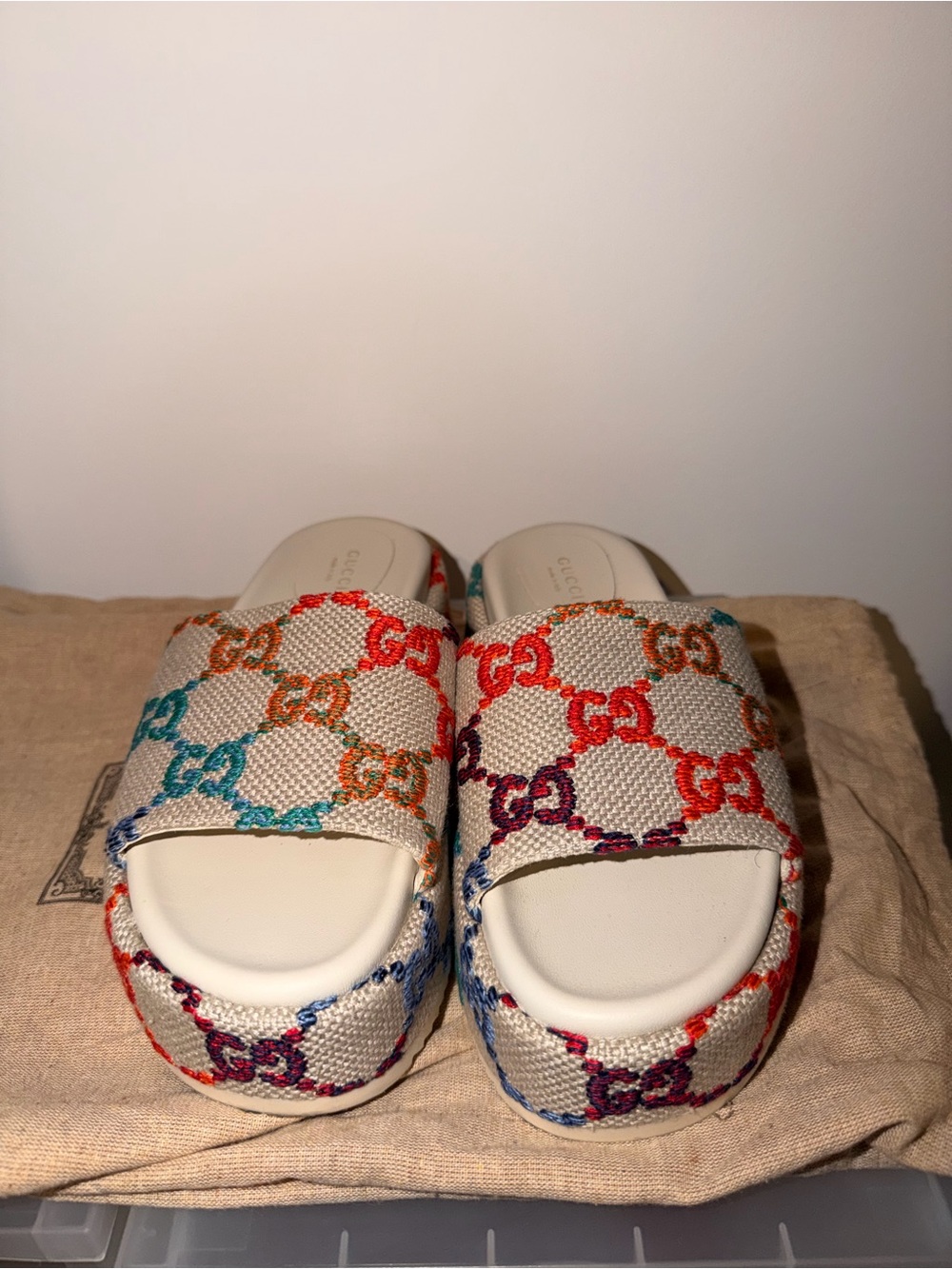 Authentic Gucci Cream Multicolor GG Embroidered Platform Slides